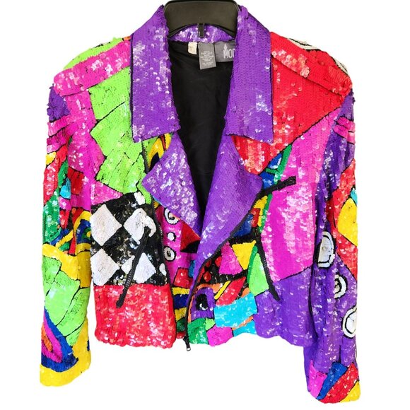 Sequin Moto Jacket Women's Neon Multicolor OOAK Zipper Front100% Silk Sz Medium - Picture 8 of 17